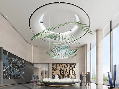 Modern Sales Office Lobby With Unique Glass Chandelier Artistic Decor And Large Windows 3d model