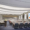 Modern Large Conference Room Interior With Long Tables Chairs Large Screen Windows And Lighting Design