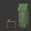 Garden Scene With Green Wooden Shed Pink Table And Orange Decor On Mossy Stone Ground
