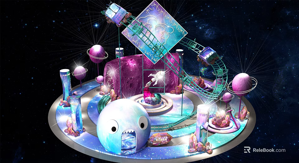 Space Themed Cosmic Playground With Purple Planets Alien Character Slide Orbit And Glowing Towers 3d model 