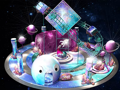 Space Themed Cosmic Playground With Purple Planets Alien Character Slide Orbit And Glowing Towers 3d model