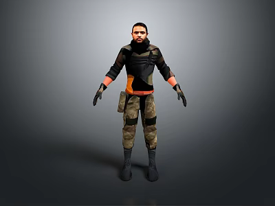 3D Character In Tactical Outfit With Black Orange Top Camouflage Pants And Boots 3d model