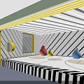 Artistic Playground Featuring Black White Striped Walls Floors Colorful Cones Yellow Bordered Windows Circular Decorations