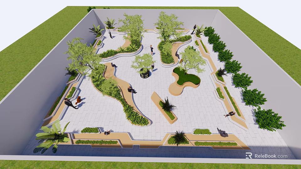 Urban Plaza Landscape Design with Curved Pathways Lush Trees Greenery and Paved Ground 3d model 