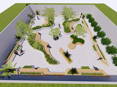 Urban Plaza Landscape Design with Curved Pathways Lush Trees Greenery and Paved Ground 3d model