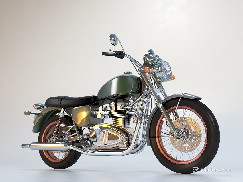 Vintage Dark Green Motorcycle With Black Seat Orange Rims And Chrome Accents 3d model 