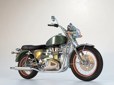 Vintage Dark Green Motorcycle With Black Seat Orange Rims And Chrome Accents 3d model