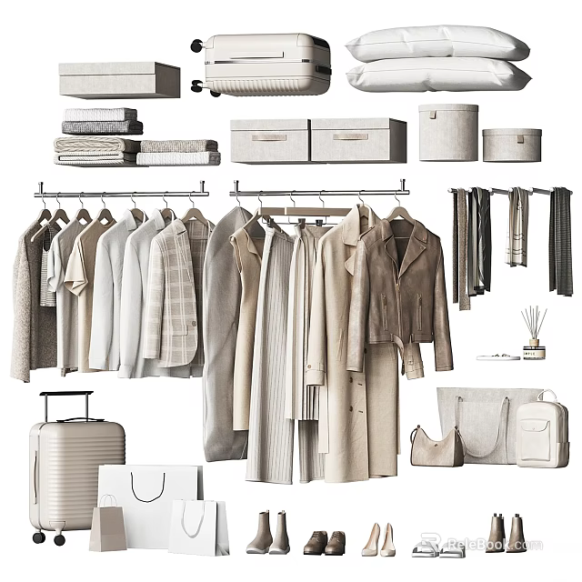 Minimalist Hanging Clothes In Neutral Tones With Various Styles And Storage Accessories 3d model 