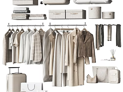 Minimalist Hanging Clothes In Neutral Tones With Various Styles And Storage Accessories 3d model