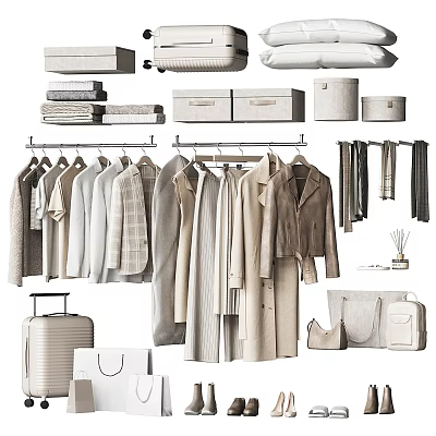 Minimalist Hanging Clothes In Neutral Tones With Various Styles And Storage Accessories 3d model