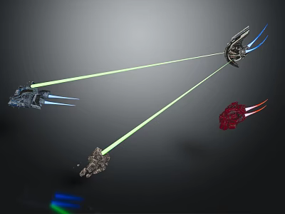 Different Colored Futuristic Spaceships Firing Green Laser Beams In Dark Cosmic Space 3d model
