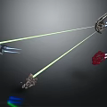 Different Colored Futuristic Spaceships Firing Green Laser Beams In Dark Cosmic Space