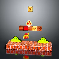 Pixel Game Character Jumping Near Mushroom On Brick Platforms With Question Mark Blocks 3d model