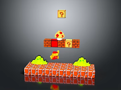 Pixel Game Character Jumping Near Mushroom On Brick Platforms With Question Mark Blocks 3d model