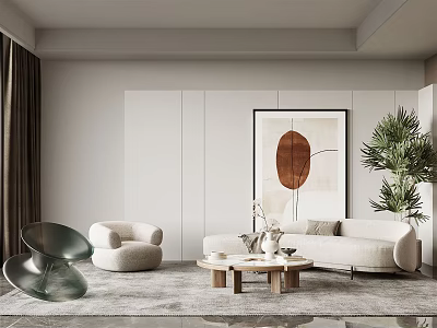 Modern Minimalist Living Room Interior With Beige Sofa Round Armchair And Green Plant 3d model