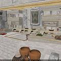 Ancient Stone Kitchen Interior With Stone Steps Clay Pots Shelves And Decorative Rug