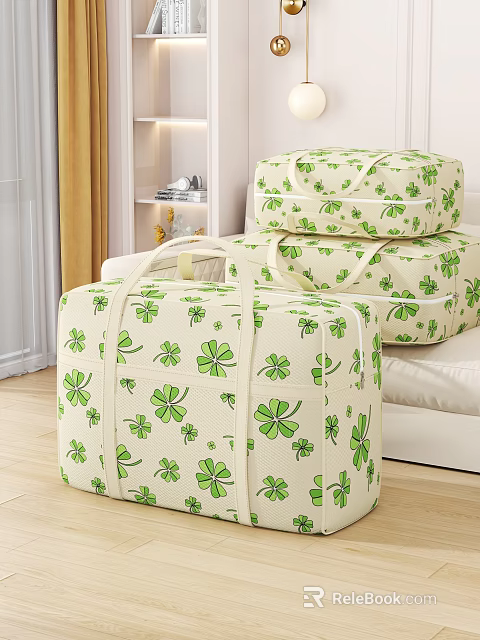 Off White Storage Bags With Four Leaf Clover Pattern Three Stacked For Home Organization 3d model 