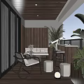 Modern Home Balcony With Wooden Floor Sofa Chairs Plants Glass Railing And Ceiling Lights