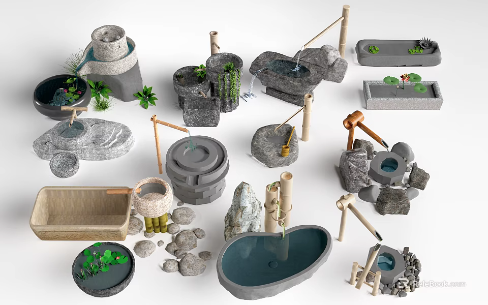 Waterfront Landscape Design With Stone Basins Waterfalls Bamboo Tubes And Aquatic Plants 3d model 