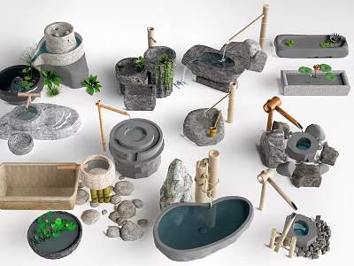 Waterfront Landscape Design With Stone Basins Waterfalls Bamboo Tubes And Aquatic Plants 3d model