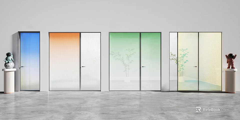 Modern Glass Doors Interior Design With Gradient Colors And Plant Patterns 3d model