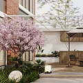 Courtyard Garden with Glass Roof Cherry Blossom Tree Wooden Bar Counter and Outdoor Chairs