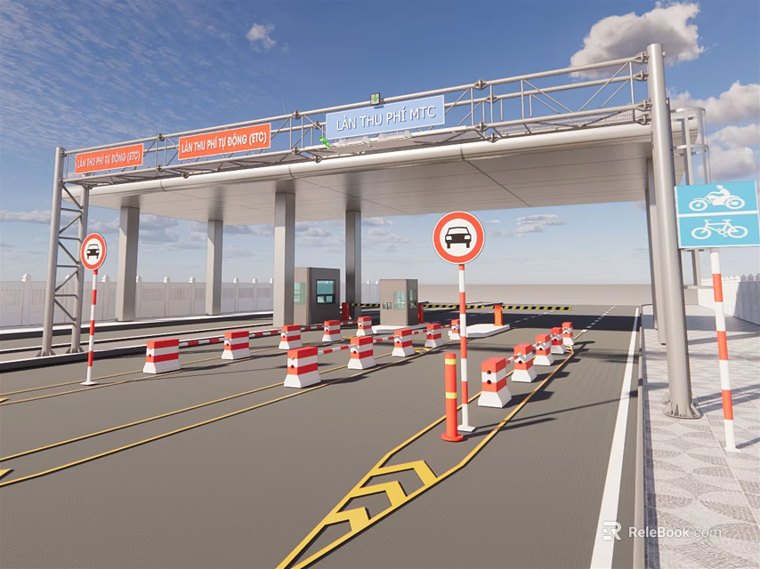 Toll Booth Zone Featuring Overhead Structure Traffic Cones No Entry And Bicycle Lane Signs 3d model 
