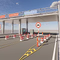 Toll Booth Zone Featuring Overhead Structure Traffic Cones No Entry And Bicycle Lane Signs