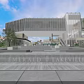 Modern Building Entrance Area With Decorative Flowers Water Pool Steps And Glass Curtain Wall