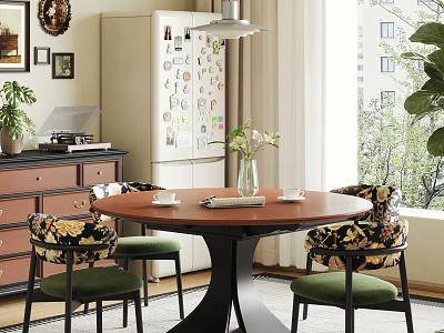 Vintage Round Dining Table Set With Floral Upholstered Chairs For Cozy Bright Home Dining Space 3d model