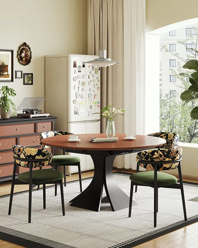 Vintage Round Dining Table Set With Floral Upholstered Chairs For Cozy Bright Home Dining Space 3d model