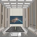 Modern Large Conference Room Interior With Long Table White Chairs Ceiling Lighting And Mural