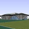 Modern Architectural Structure With Large Canopy Roof Over Water And Green Lawn