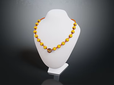 Yellow Beaded Necklace With Red Accent Beads And Pendant On Mannequin 3d model