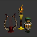 Elegant Classical Household Items Including Flaming Torch Ornate Harp And Decorative Vase With Intricate Designs