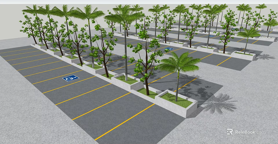 Landscaped Parking Lot With Palm Trees Yellow Lines And Blue Parking Sign 3d model 