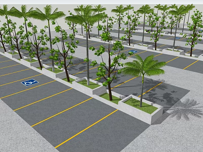 Landscaped Parking Lot With Palm Trees Yellow Lines And Blue Parking Sign 3d model