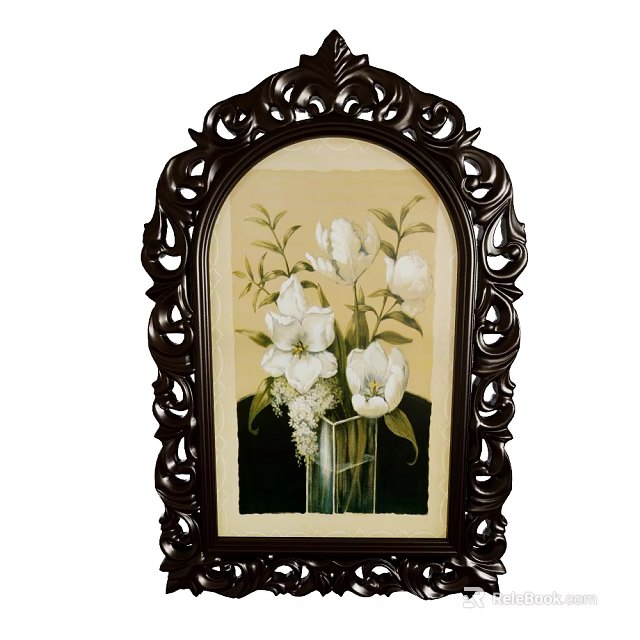 Elegant Botanical Painting with Intricately Carved Frame and White Flowers in Glass Vase 3d model 