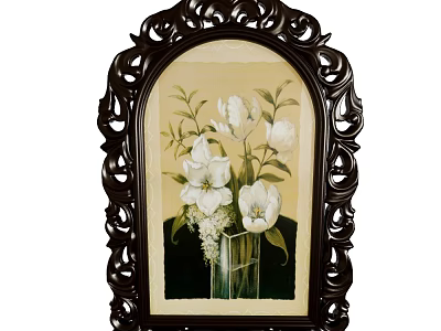 Elegant Botanical Painting with Intricately Carved Frame and White Flowers in Glass Vase 3d model