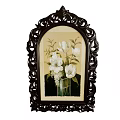 Elegant Botanical Painting with Intricately Carved Frame and White Flowers in Glass Vase