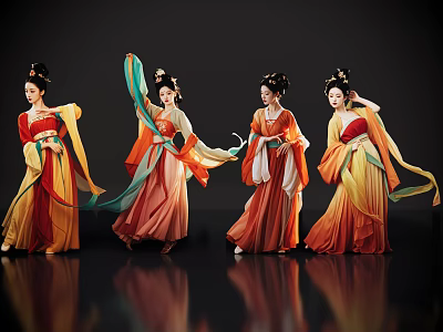 Women In Colorful Traditional Costumes Dancing With Flowing Sleeves And Classical Hairstyles 3d model