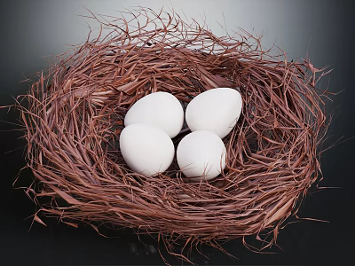 Bird Nest Made Of Straw Containing Four White Eggs On Dark Background 3d model