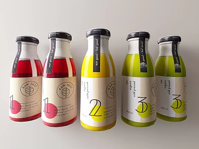 Five Bottled Drinks in Various Colors with Labels Featuring Numbers 1 2 3 3d model