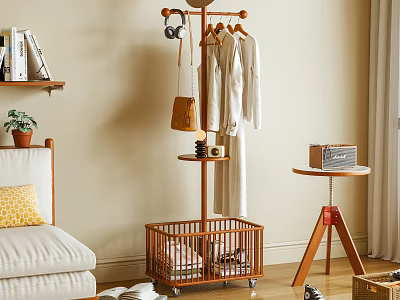 Wooden Coat Rack With Hanging Clothes Leather Bag And Storage Basket On Wheels For Living Room 3d model