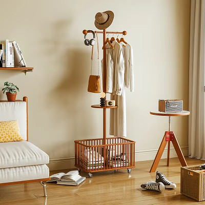 Wooden Coat Rack With Hanging Clothes Leather Bag And Storage Basket On Wheels For Living Room 3d model