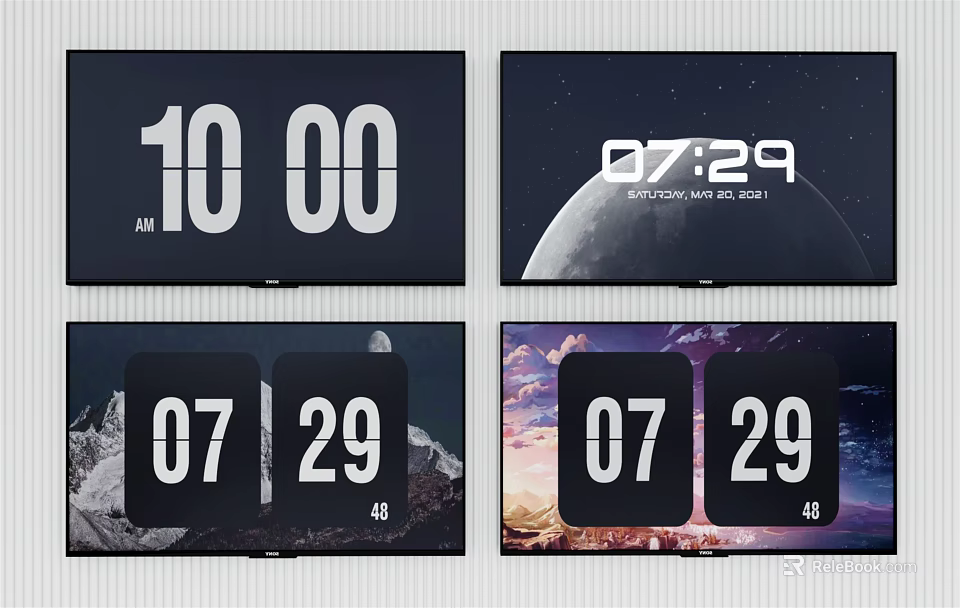 Smart TV Screen Display With Time Date And Various Scenery Backgrounds 3d model 