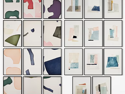 Framed Abstract Artworks With Geometric Shapes And Colorful Patterns On Gallery Wall 3d model