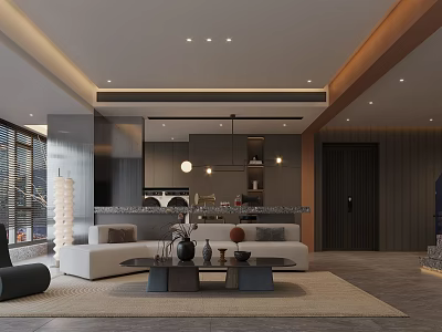 Modern Living Dining Room Interior With Sofa Set Dining Table Pendant Lights And Decorative Accents 3d model