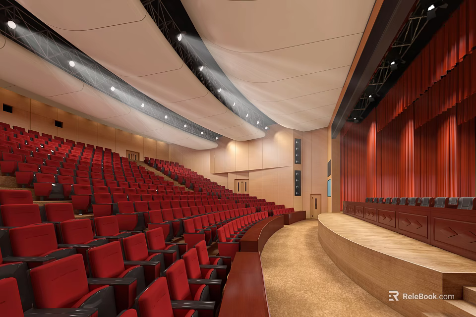Modern Large Conference Room With Red Seats Stage Wooden Walls And Lighting 3d model 