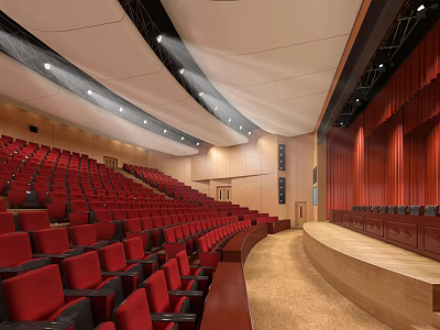 Modern Large Conference Room With Red Seats Stage Wooden Walls And Lighting 3d model